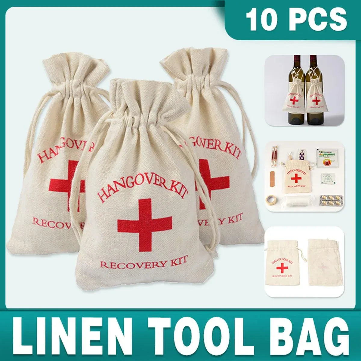 10PCS Linen Drawstring Gift Bags with Red Cross Print for Party Favour Travel Use